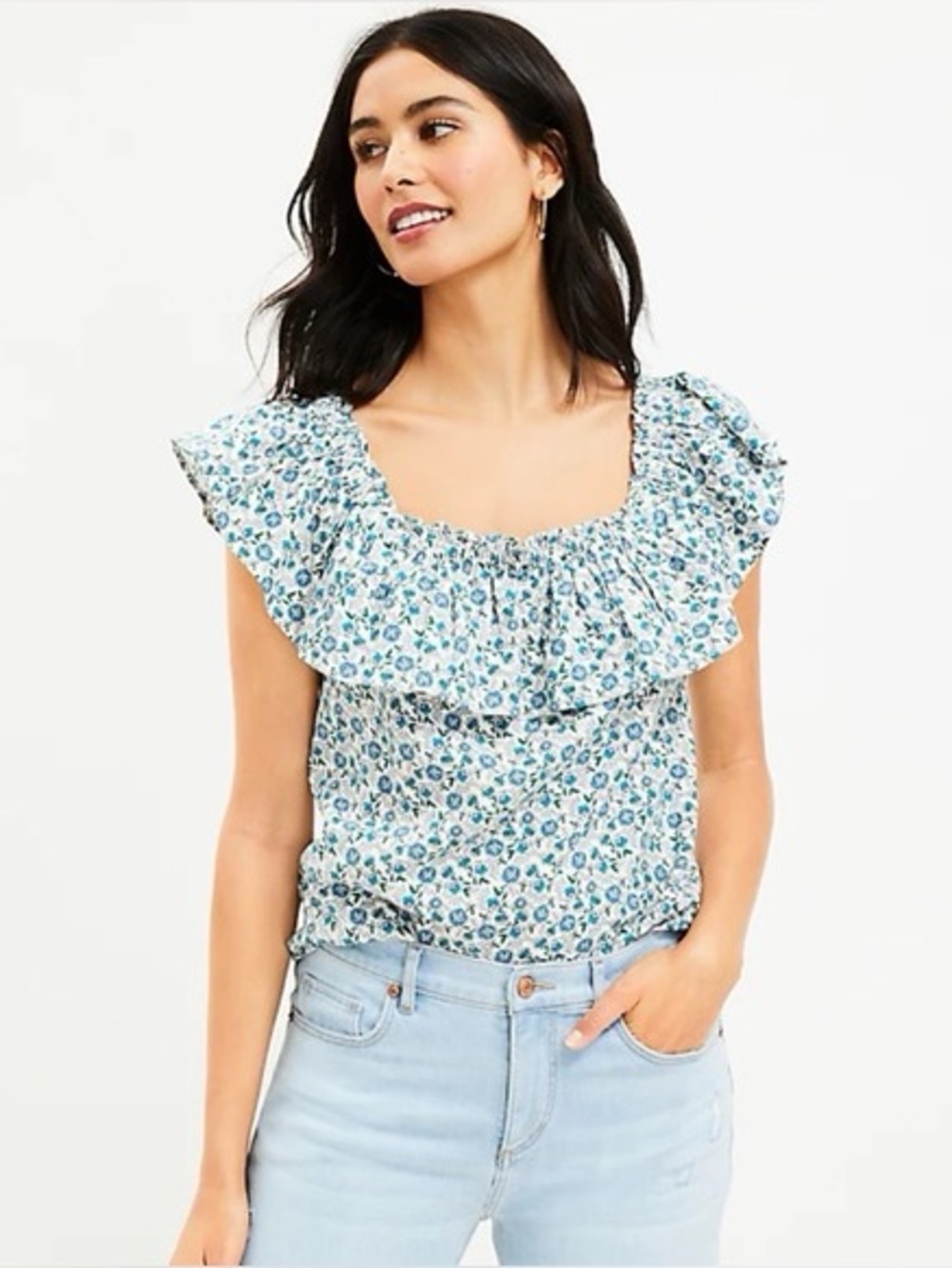 Loft Linen blend floral off shoulder ruffle top size L